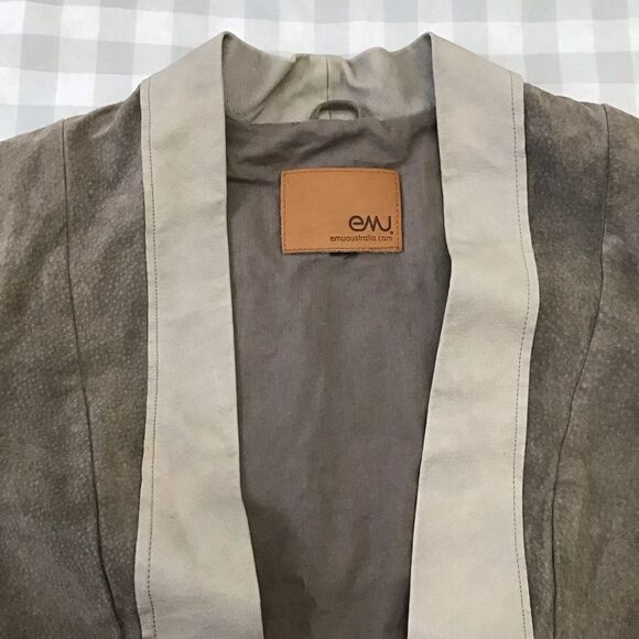 𝅺EMU Australia blazer jacket leather neutral tone beige grey open front pockets - Picture 4 of 15